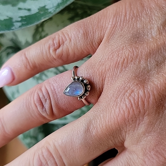 RAINBOW Moonstone Beaded Teardrop Ring, 925 Sterling Silver - Picture 3 of 8